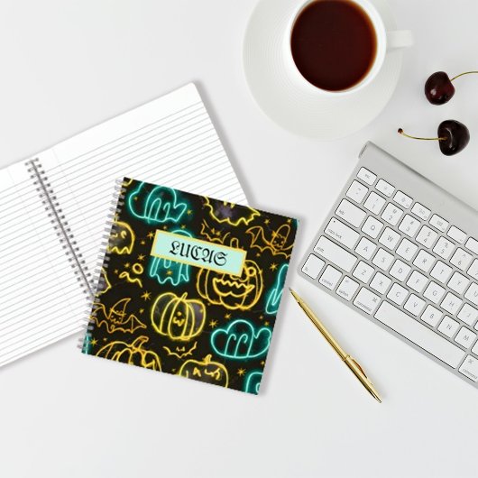 Neon Spooky Halloween Ghost Bats Pumpkins Patroon Notitieboek