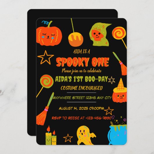 Neon Spooky One First Birthday Invitation Kaart (Voorkant / Achterkant)