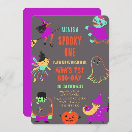 Neon Spooky One First Birthday Invitation Kaart (Voorkant / Achterkant)
