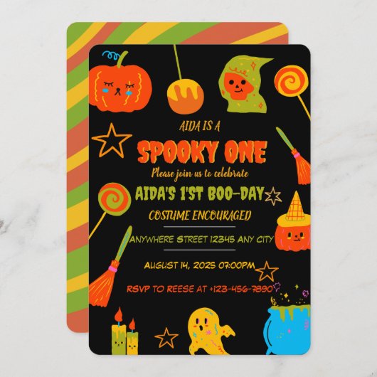 Neon Spooky One First Birthday Invitation Kaart (Voorkant / Achterkant)