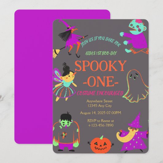 Neon Spooky One First Birthday Invitation Kaart (Voorkant / Achterkant)