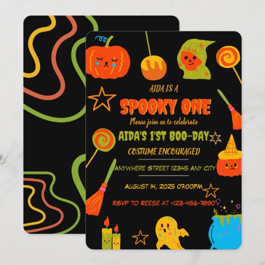 Neon Spooky One First Birthday Invitation Kaart (Voorkant / Achterkant)