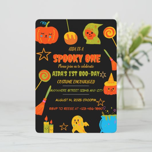 Neon Spooky One First Birthday Invitation Kaart (Staand voorkant)