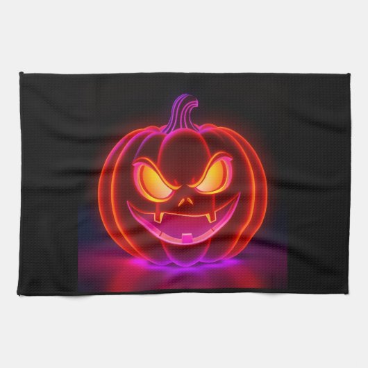 Neon Spooky Pumpkin Halloween Kitchen Towel Theedoek (Horizontaal)