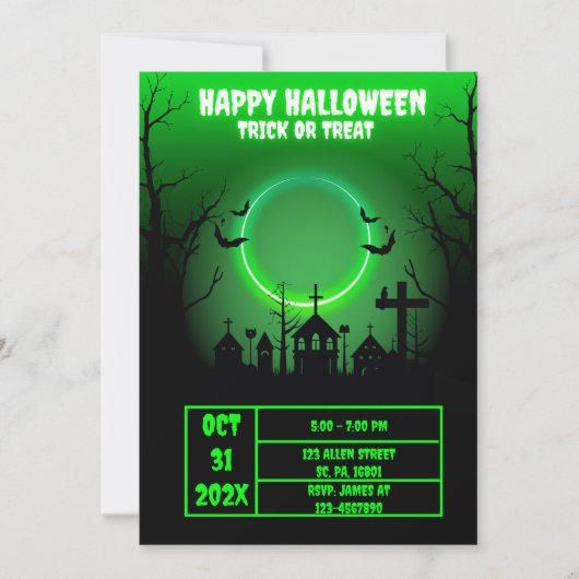 NEON SPOOKY SPOOKY HUIS HALLOWEEN PARTY KAART (Voorkant)