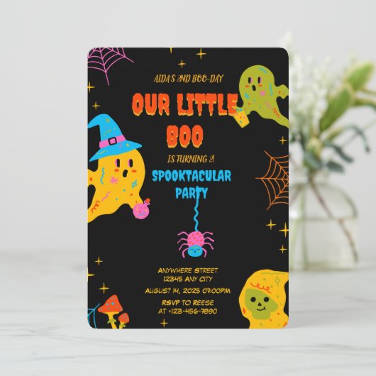 Neon Spooky verjaardagsfeestje uitnodiging (Staand voorkant)