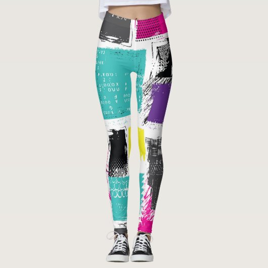 Neon Squares Retro Abstract Patroon Leggings (Voorkant)