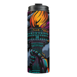 Neon Standbeeld van Liberty Regen Scene Paars Teal Thermosbeker