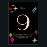 Neon Stars en Diamonds Wedding Kaart<br><div class="desc">Geïnspireerd door de iconische neontekens van het oude Las Vegas, is dit tafelnummer een kleurrijke en leuke knipoog naar de geschiedenis en geeft het je gasten een gevoel van die nostalgische nachtelijke Vegas-sfeer. Personaliseer alle drie de tekstgebieden om een aangepaste set tabelnummers te creëer en deel verschillende en interessante informatie...</div>