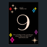 Neon Stars en Diamonds Wedding Kaart<br><div class="desc">Geïnspireerd door de iconische neontekens van het oude Las Vegas, is dit tafelnummer een kleurrijke en leuke knipoog naar de geschiedenis en geeft het je gasten een gevoel van die nostalgische nachtelijke Vegas-sfeer. Personaliseer alle drie de tekstgebieden om een aangepaste set tabelnummers te creëer en deel verschillende en interessante informatie...</div>