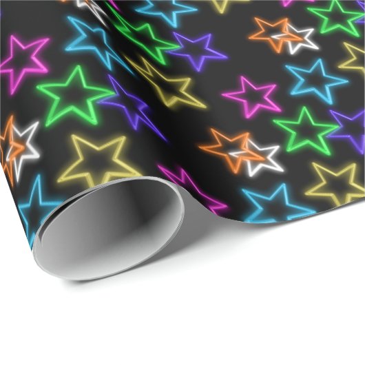 Neon Stars op zwart Cadeaupapier (Rol Hoek)