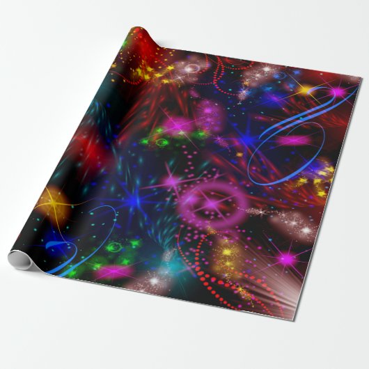 Neon Stars Swirls Paint Splatter Abstract Cadeaupapier (Uitgerold)