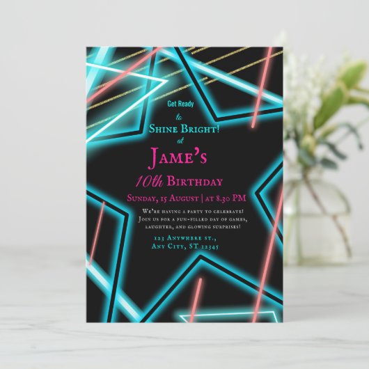 Neon ster retro Euphoria stijl verjaardagsuitnodig Kaart (Staand voorkant)