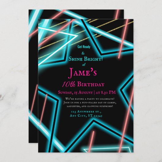 Neon ster retro Euphoria stijl verjaardagsuitnodig Kaart (Voorkant / Achterkant)