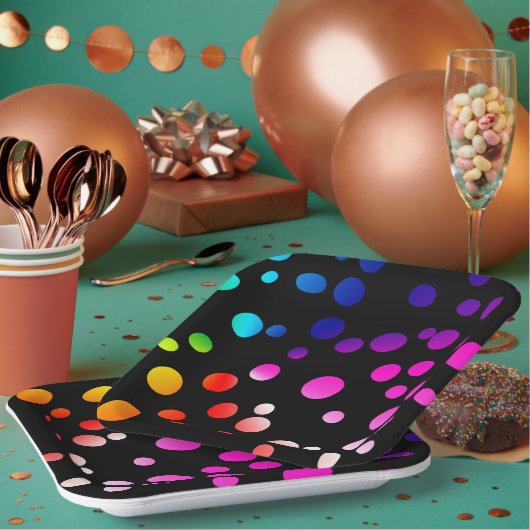 Neon Stippen op zwart Papieren Bordje (Multi)