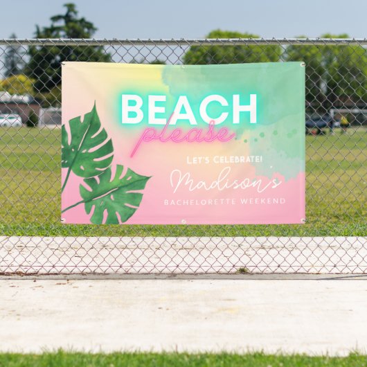 Neon Strand Alsjeblieft Bachelorette Roze Gradiënt Spandoek (Insitu)