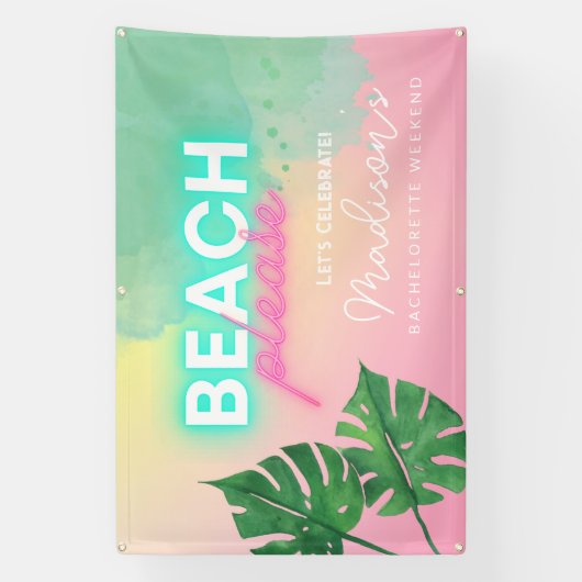 Neon Strand Alsjeblieft Bachelorette Roze Gradiënt Spandoek (Verticaal)