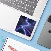 Neon Stroom – Neon Licht Kunst Vierkant Sticker (Laptop met iPhone)