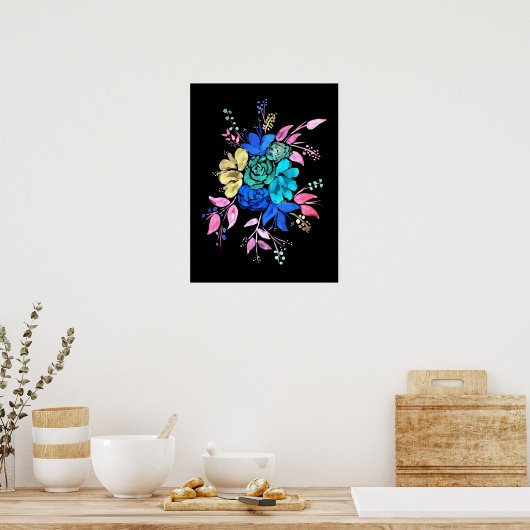 Neon Style Floral Bouquet Poster (Keuken)