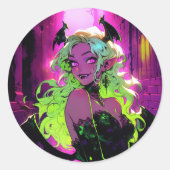 Neon Succubus Demon Anime Girl Ronde Sticker (Voorkant)