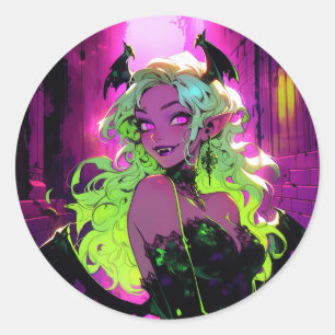 Neon Succubus Demon Anime Girl Ronde Sticker