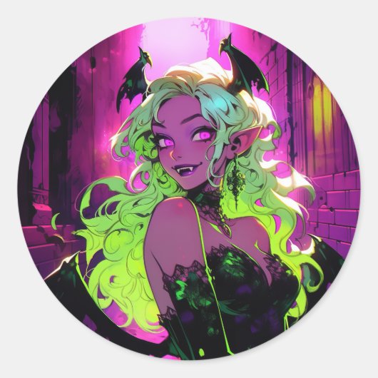 Neon Succubus Demon Anime Girl Ronde Sticker (Voorkant)