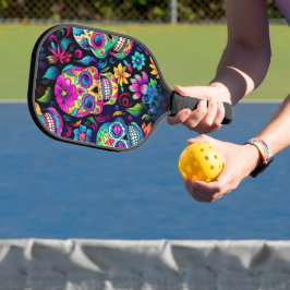 Neon Sugar Skull Pickleball Paddle