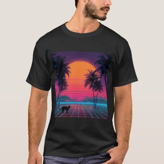 Neon Sunset Cat on Cyber Shore T-shirt (Voorkant)
