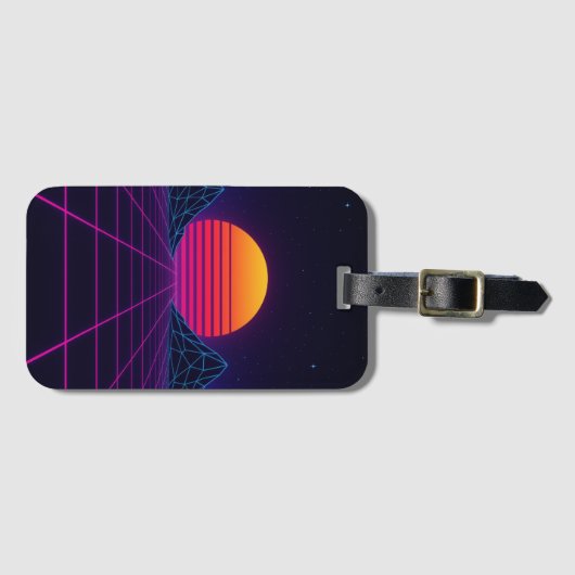 Neon Sunset Grid – Retro-futuristische Synthwave S Bagagelabel (Voorkant (horizontaal))