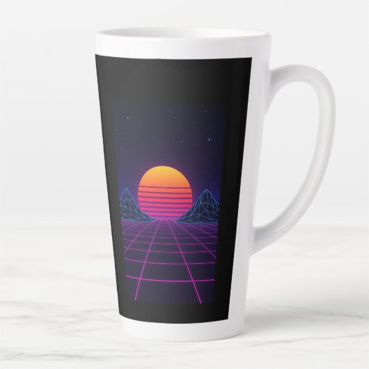 Neon Sunset Grid – Retro-futuristische Synthwave S Latte Mok (Rechts)