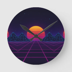 Neon Sunset Grid – Retro-futuristische Synthwave S Ronde Klok