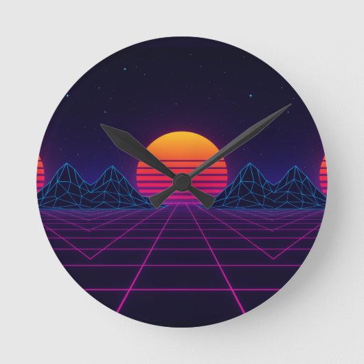 Neon Sunset Grid – Retro-futuristische Synthwave S Ronde Klok (Voorkant)