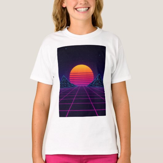 Neon Sunset Grid – Retro-futuristische Synthwave S T-shirt (Voorkant)