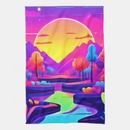 Neon Sunset Landschap Theedoek
