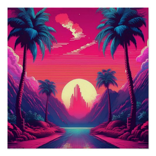 Neon Sunset Paradise - Retro 80s Tropische Vibes Perfect Poster (Voorkant)