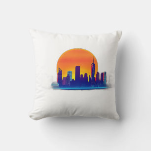 Neon Sunset Skyline met bakstenen textuur Kussen