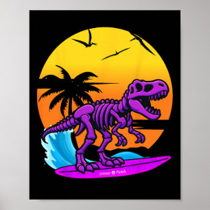 Neon Surfende T-rex Skelet Met Vintage Strand Retr Poster