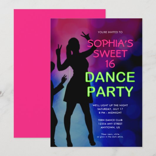 Neon Sweet 16 Birthday Dance Party Invitation Kaart (Voorkant / Achterkant)