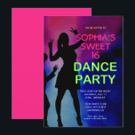 Neon Sweet 16 Birthday Dance Party Invitation Kaart<br><div class="desc">Een perfecte uitnodiging voor een club met de naam zoete 16 dansfeest. De neongroene tekst is een helder contrast tegen de donkere achtergrond. Een silhouette van tieners die dansen is het perfecte accent.</div>