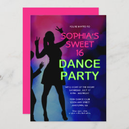 Neon Sweet 16 Birthday Dance Party Invitation Kaart