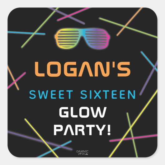 Neon Sweet 16 Birthday Glow Party Vierkante Sticker (Voorkant)