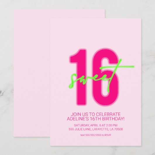 Neon Sweet Sixteen Birthday Party Invitation Kaart (Voorkant / Achterkant)