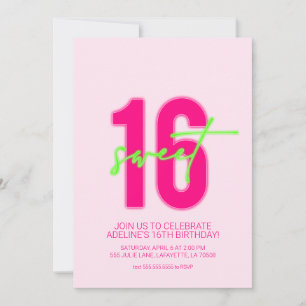 Neon Sweet Sixteen Birthday Party Invitation Kaart