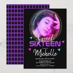 Neon Sweet Sixteen Gold Ring Confetti Photo Grid Kaart
