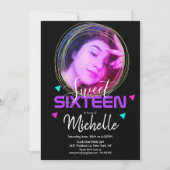 Neon Sweet Sixteen Gold Ring Confetti Photo Grid Kaart (Voorkant)