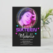 Neon Sweet Sixteen Gold Ring Confetti Photo Grid Kaart (Staand voorkant)
