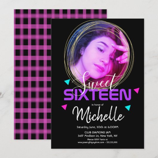 Neon Sweet Sixteen Gold Ring Confetti Photo Grid Kaart (Voorkant / Achterkant)