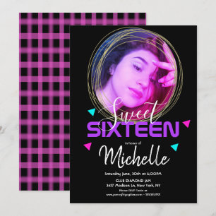 Neon Sweet Sixteen Gouden Ring Confetti Foto Raste Kaart