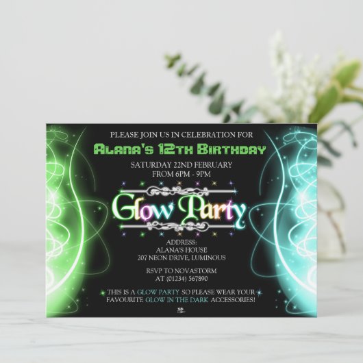 Neon Swirls Glow Party-uitnodigingen Kaart (Staand voorkant)