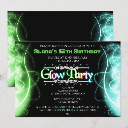 Neon Swirls Glow Party-uitnodigingen Kaart (Voorkant / Achterkant)